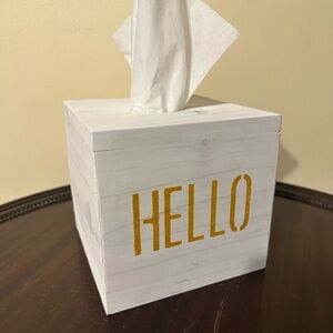 White Wooden Tissue Box with Gold 'Hello,’ homemade by Loop & Ladder